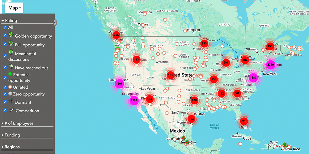 A sample screenshot of one of VitalGrid's map views. This shows how certain criteria are placed on the map and how to refine your search.